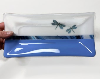 Dragonfly plate fused glass blue and white serving dish dragonfly home decor unique gifts for her housewarming presents