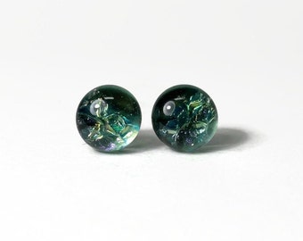 Green iridescent glass earrings fused glass jewelry dichroic glass round earrings hypoallergenic 9mm