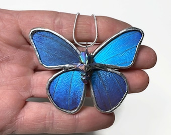 Blue pendant, iridescent, butterfly wing jewelry, Blue Morpho butterfly, real butterfly, glass pendant, necklace included