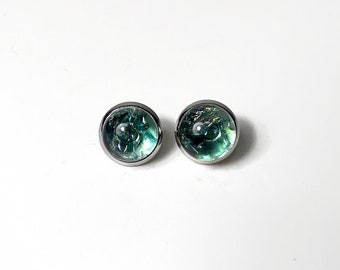 Green Iridescent Dichroic Glass Stud Earrings, Round Earrings, Handmade Fused Jewelry,