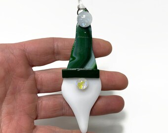 Green gnome ornament, fused glass decoration, Christmas tree hanging, gifts for him, whimsical home decor, unique handcrafted presents