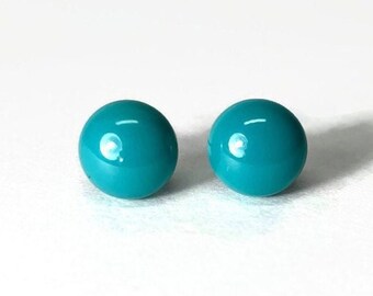 Handmade Peacock Green Stud Earrings, Elegant Gifts for Her, Artisan Fused Glass Jewelry