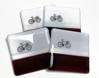 Road bike coasters, burgundy drink rest, table saver, fused glass, gifts for him, coffee table decor, set of 4, unique housewarming presents