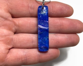 Fused Glass iridescent blue necklace, glass jewelry dichroic glass rectangle pendant, necklace included
