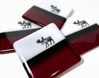 Handcrafted fused glass moose coasters, red and black drink rest, gifts for dad, nature home decor, set of 4