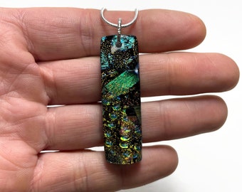 Dichroic Glass necklace, Gold and green, black, glass pendant, fused glass jewelry, sparkle pendant, iridescent pendant, necklace included