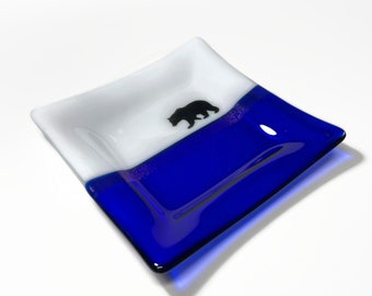 Handcrafted Blue Glass Bear Plate, Fused Serving Dish, Trinket Tray, Nature Inspired Gifts, Wildlife Home Decor