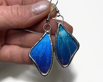 Blue iridescent rhetenor morpho earrings Real butterfly wing jewelry, gifts for mom, glass dangle earrings, hypoallergenic