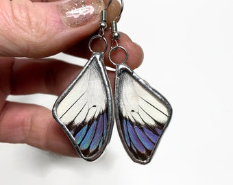 Purple earrings, white, Butterfly wing jewelry, glass earrings, insect jewelry, real butterfly, dangle earrings, stained glass wing