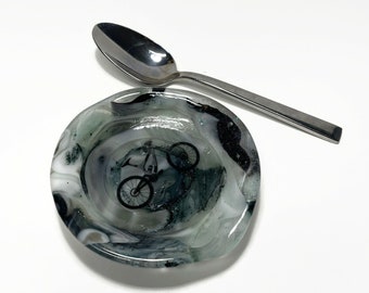 Spoon rest fused glass, bike spoon rest, glass dish, black and white, mountain bike, spoon holder, bike home decor, bike enthusiast