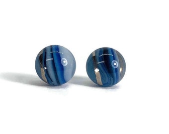 Iridescent Marbled blue Stud Earrings, Unique Gifts for Her, Handcrafted Fused glass Jewelry