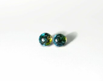 Glass iridescent earrings, fused glass jewelry, blue and green, dichroic glass studs, minimalist studs, button studs, hypoallergenic