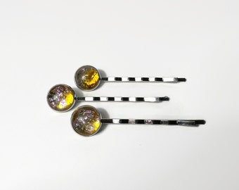 Amber Barrettes fused glass jewelry hair clips dichroic glass bobby pins bridal hair jewelry gifts for her set of 3 unique presents
