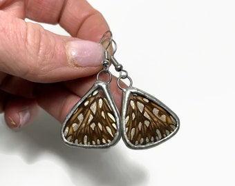 Silver brown iridescent dangle earrings, real butterfly jewelry, handmade stained glass wing, unique gifts for her