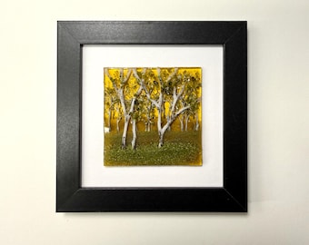 Fused Glass Birch Tree Panel, Gifts for her, Summer Landscape Art, Framed Wall Decor