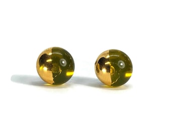 Dainty yellow gold glass stud earrings, fused glass jewelry, minimalist sparkle earrings, button studs