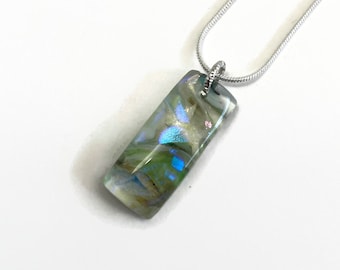 Iridescent green pendant, Fused glass jewelry, Dichroic glass statement necklace, gifts for mom, chain included