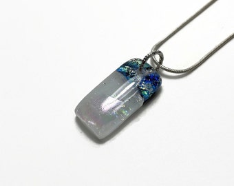 Iridescent pendant, fused glass white and blue pendant, dichroic glass jewelry, teacher gifts, chain included