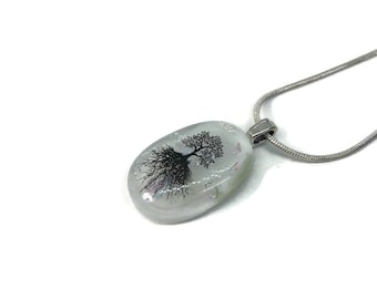 White dichroic glass pendant tree of life necklace fused Glass Jewelry gifts for her chain included