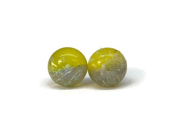 Dichroic glass yellow grey stud earrings, fused glass jewelry, gifts for her