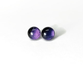 Dichroic Glass earrings, purple studs, glass studs, fused Glass jewelry, sparkle studs, round studs, minimalist earrings, button earrings