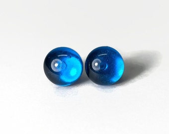Dainty blue glass studs earrings, fused glass jewelry, round minimalist studs, sparkle earrings, bohemian studs, button studs