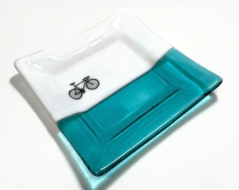 Road bike fused glass plate green serving white dish unique gifts for her bike home decor bike enthusiast housewarming presents