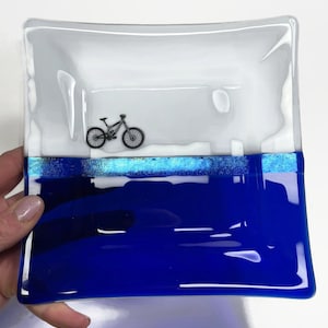 Handmade Mountain bike blue plate, fused glass serving dish, outdoors home decor, artisan crafted gifts, trinket tray, housewarming presents