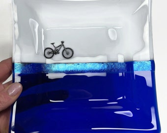 Mountain bike fused glass plate blue and white dish, bike home decor, mountain bike serving dish