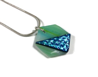 Green dichroic glass pendant blue geometric fused glass jewelry presents for her chain include unique gifts