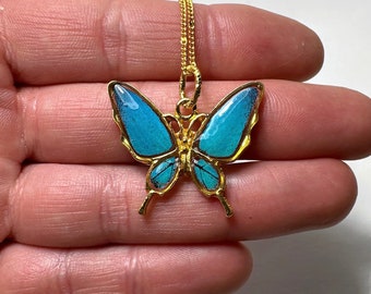 Iridescent teal green pendant, real butterfly wing jewelry, unique gifts, resin pendant, necklace included