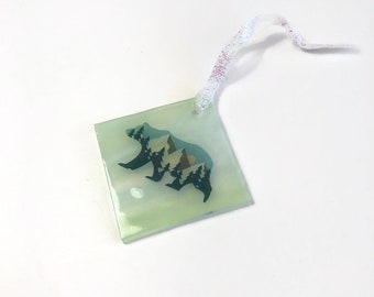 Whimsical Glass Bear Ornament: Handmade Window or Tree Hanging