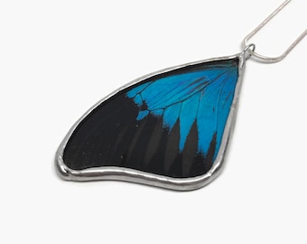 Blue and black necklace Real butterfly wing jewelry, Gifts for her, glass pendant, stained glass butterfly, chain included
