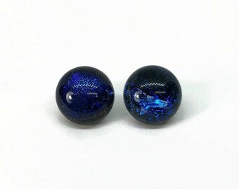 Fused glass jewelry, blue and black stud earrings, unique gifts for her, Dichroic glass earrings, button studs