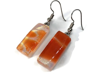 Fused glass iridescent white and orange earrings dichroic glass jewelry unique gifts for her dangle earrings hypoallergenic
