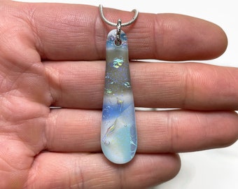 Teardrop blue white fused glass pendant, dichroic jewelry for her, chain included, handcrafted unique presents