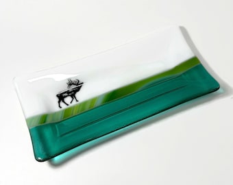 Elk fused glass plate, serving dish, trinket tray, spoon rest, plater, wildlife decor, gifts for her, jewelry tray, housewarming presents