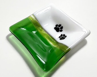 Paw print fused glass plate, green serving dish, pet lover, unique gifts for her, animal kitchen decor, housewarming presents