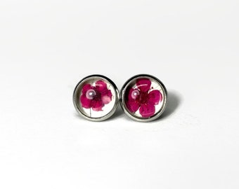 Pink flower glass earrings, white studs, real butterfly wing jewelry, best friend gifts hypoallergenic, unique presents