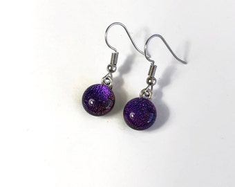 Glass purple iridescent earrings, fused glass jewelry, dangle earrings, dichroic glass earrings, minimalist earrings, hypoallergenic, round
