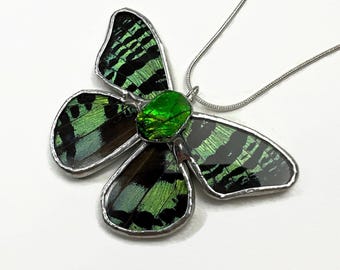 Handcrafted Butterfly Ammolite Pendant, Real Wing Jewelry, Nature Inspired Gifts for Her, Stained Glass Necklace