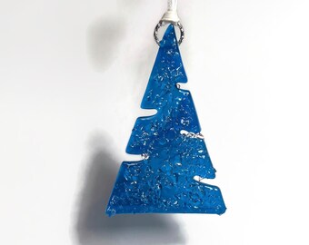fused glass blue tree ornament, glass decoration, sparkle ornament, glass art, Christmas tree decoration, Christmas home decor