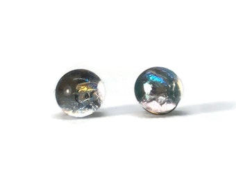 Iridescent glass studs, handmade dichroic glass earrings, fused glass jewelry, minimalist earrings, hypoallergenic