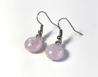 Dichroic glass pink iridescent earrings, fused glass jewelry, minimalist dangle earrings, hypoallergenic earrings