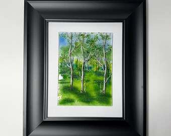 Birch tree fused glass art, summer scenery panel, three dimensional wall sculpture, gifts for her, nature home decor, realistic picture