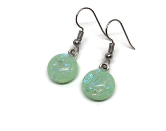 Fused glass green earrings, glass jewelry, dangle earrings, dichroic glass earrings, iridescent earrings, hypoallergenic