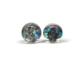 Iridescent multicoloured stud earrings ,dichroic fused glass jewelry, sparkle round minimalist earrings, hypoallergenic