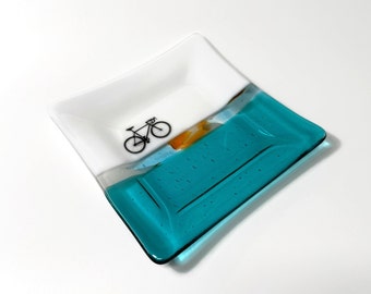 Handcrafted fused glass road bike plate, serving dish, trinket tray, spoon rest, gifts for her, kitchen decor, functional glass wear