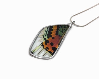 Iridescent rainbow pendant real butterfly wing jewelry unique gifts for her sunset moth Glass necklace recycled insect wing chain included