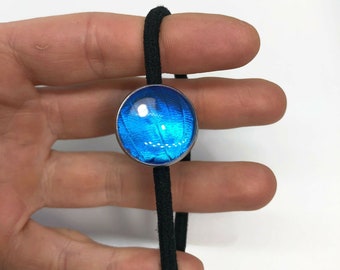 Iridescent blue hair tie real butterfly wing jewelry hair elastic, best friend gifts, rhetenor Morpho butterfly, unique presents for her